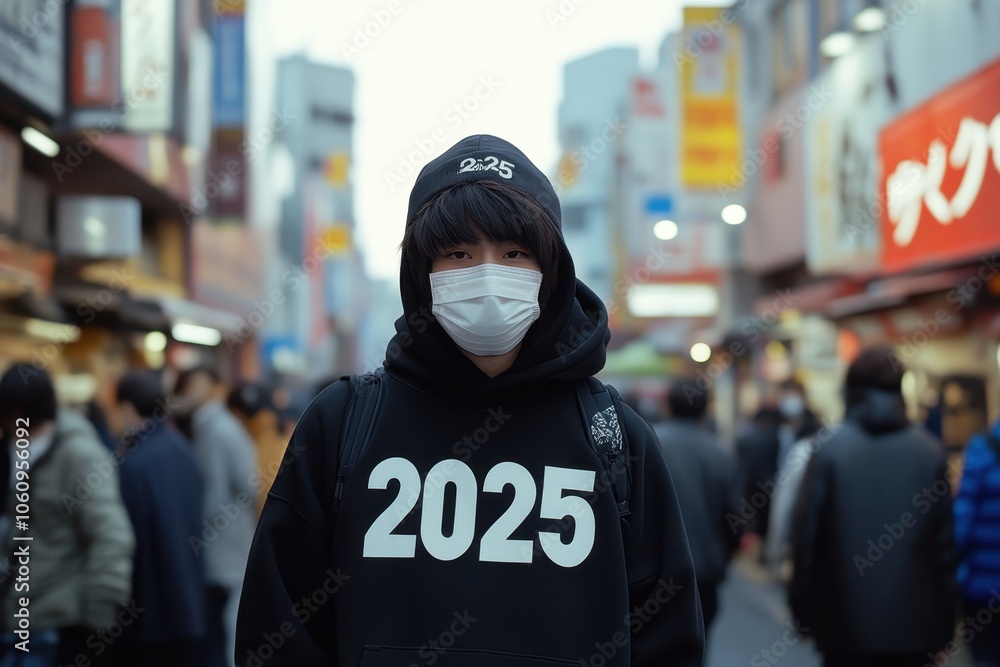 A young person wearing a mask in a busy urban market on a cloudy day in 2025 A young person wearing a mask in a busy urban market on a cloudy day in 2025