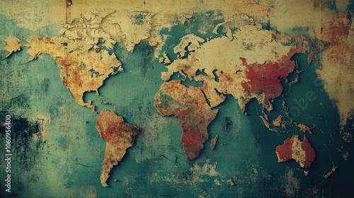 A retro-inspired world map design with faded colors and classic typography,