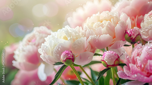 Fototapeta Naklejka Na Ścianę i Meble -  Blooming Peonies with Dew Drops: Fresh pink peonies with dew drops on their petals, highlighting the beauty and freshness of the flowers.