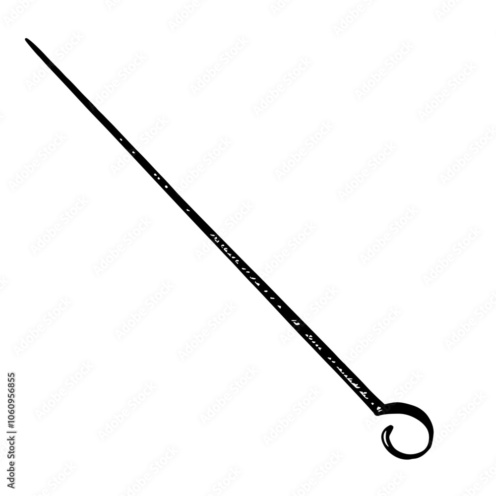 Barbecue skewer. Vector graphics with the image of a metal stick. Black and white hand-drawn illustration. On a white background. A design element for menus, posters, or labels. For cooking recipes. Barbecue skewer. Vector graphics with the image of a metal stick. Black and white hand-drawn illustration. On a white background. A design element for menus, posters, or labels. For cooking recipes.