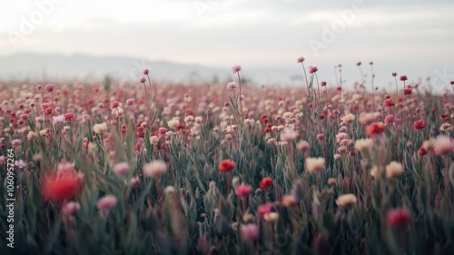 Field of flowers with a few yellow flowers