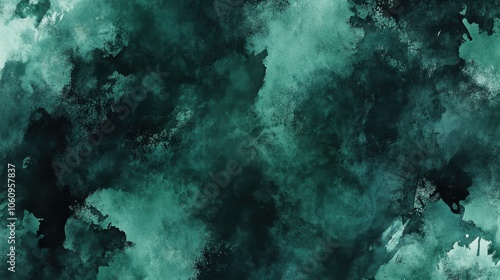 Emerald Watercolor Wash: A mesmerizing abstract background featuring swirling, textured strokes of teal and emerald green watercolor, evoking a sense of depth and tranquility. 