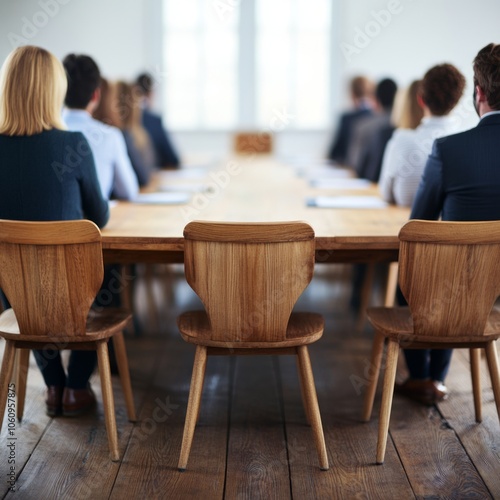 Businesspeople sitting at a conference table, view from the back.