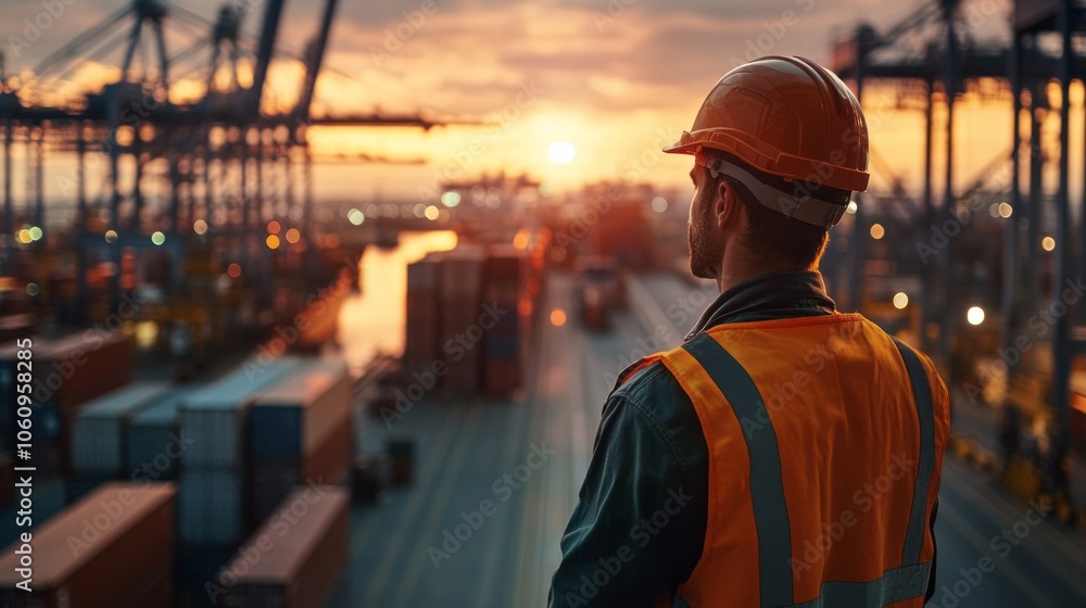 A man in a safety vest stands in front of a large industrial area. The sky is orange and the sun is setting A man in a safety vest stands in front of a large industrial area. The sky is orange and the sun is setting