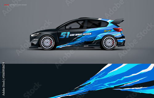 Racing Car branding mockup with racing wrap decal or livery design, Hatchback wrap design with blue black grey background. Hatchback and sedan vector ready print printable file