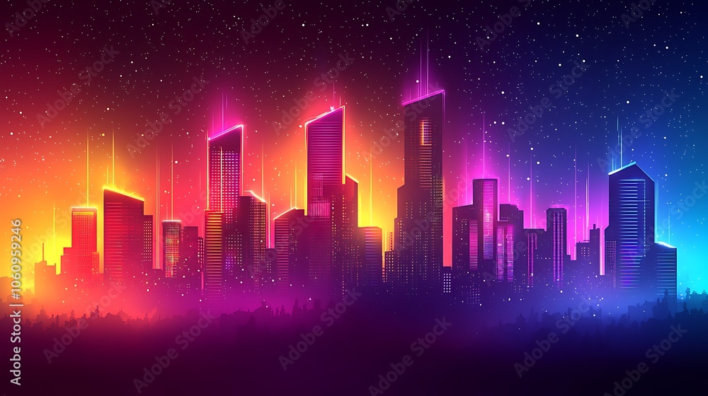 Neon city skyline with colorful glowing lights against a starry night sky. Neon city skyline with colorful glowing lights against a starry night sky.