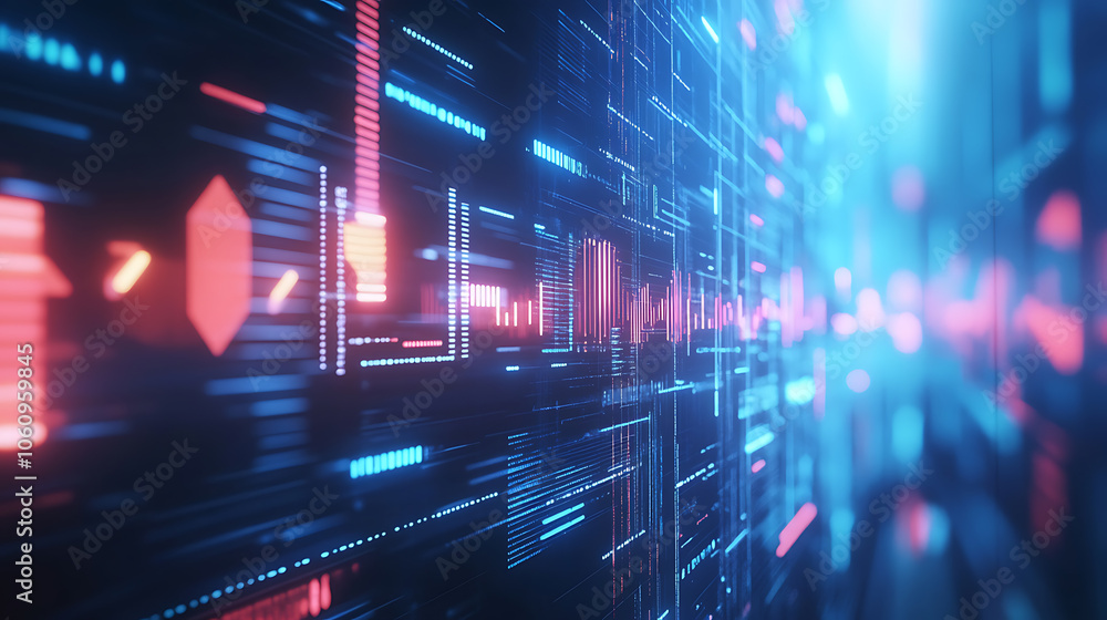 Obraz premium Abstract blue digital technology background with gears and cogs, dark color palette