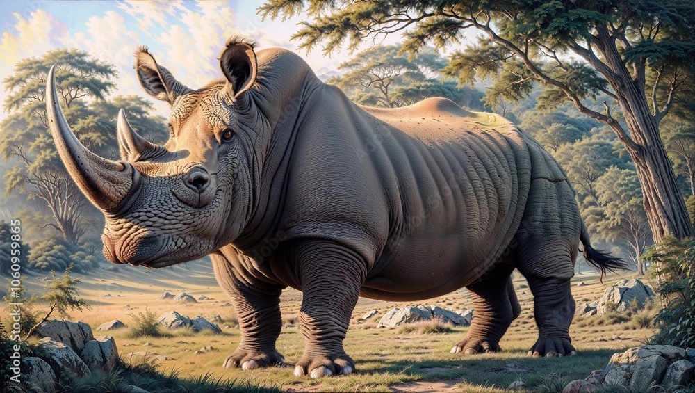 Fototapeta premium Majestic Rhinoceros in Pristine African Savannah Landscape at Sunrise