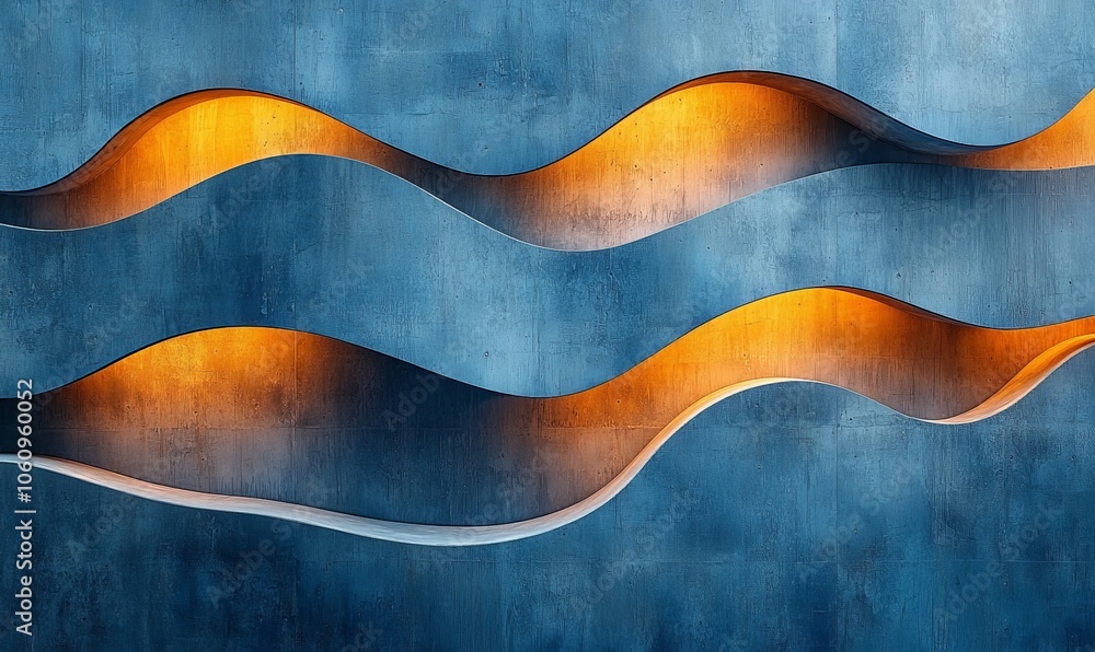 Abstract design featuring flowing shapes illuminated against a textured blue background. Abstract design featuring flowing shapes illuminated against a textured blue background.