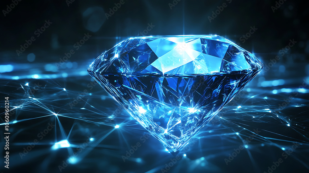 Abstract blue diamond on digital background with polygonal light lines
