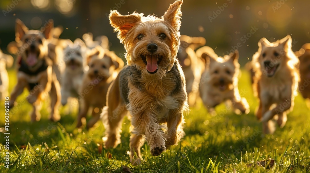 Joyful Group of Dogs Running in a Sunlit Park Joyful Group of Dogs Running in a Sunlit Park
