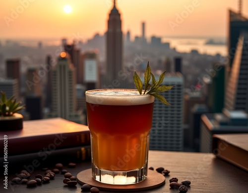 Coffee carajillo cocktail at sunset with urban skyline backdrop photo