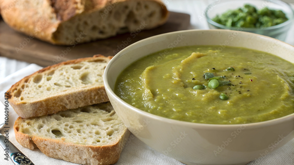 Close up of thick split pea soup served with bread and garnished with green peas on a rustic table. Generative AI Close up of thick split pea soup served with bread and garnished with green peas on a rustic table. Generative AI
