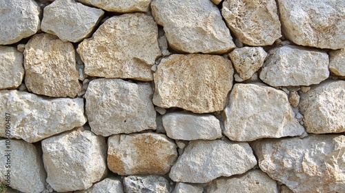 Close up of a rough stone wall with natural beige and gray stones.