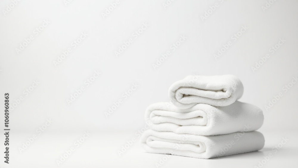 White towels in various sizes stacked on a white background, representing cleanliness and comfort. Everyday things used for bathing.