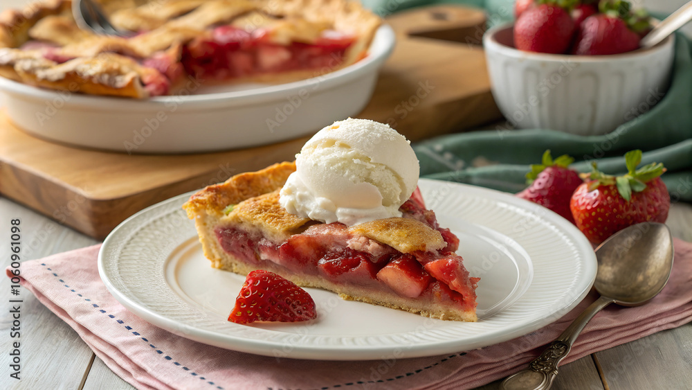 A delicious slice of strawberry rhubarb pie topped with vanilla ice cream served on a white plate with fresh strawberries. Generative AI A delicious slice of strawberry rhubarb pie topped with vanilla ice cream served on a white plate with fresh strawberries. Generative AI