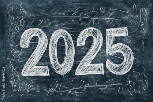 Chalkboard with the year 2025 written in large, bold numbers surrounded by scribbles and marks