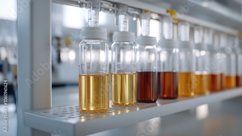 Lined bottles filled with amber-hued solutions for a scientific experiment illustrate the precision and orderliness in a modern laboratory setting.