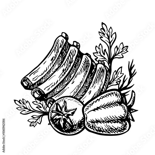 Ribs with vegetables. Vector graphics with barbecue image. A black and white hand-drawn illustration of the dish. On a white background. For a menu, poster, or label. For cooking recipes, invitations.