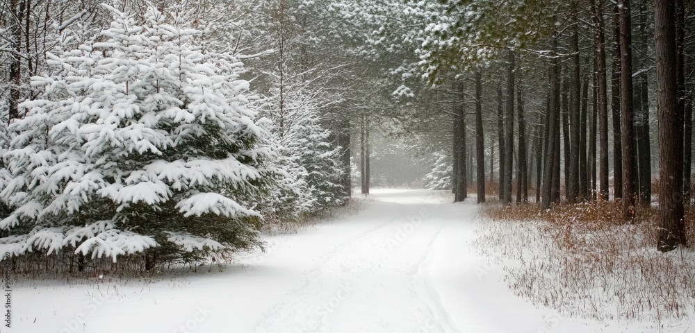 Naklejka premium A peaceful forest path blanketed in fresh snow, with tall pines dusted in white, conveying the calmness and beauty of a winter day.