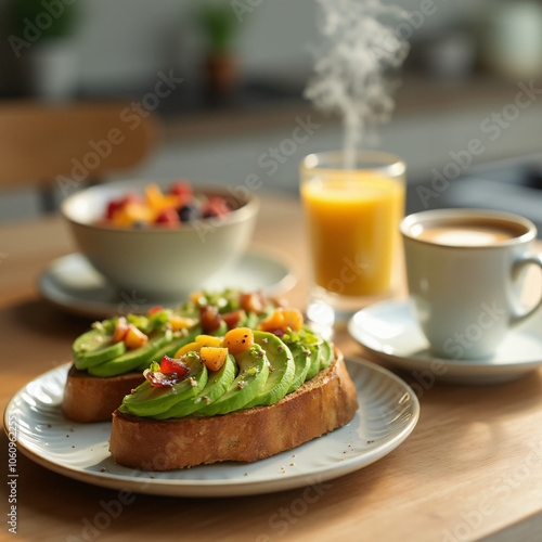 Healthy Avocado Toast Breakfast with Coffee and Orange Juice