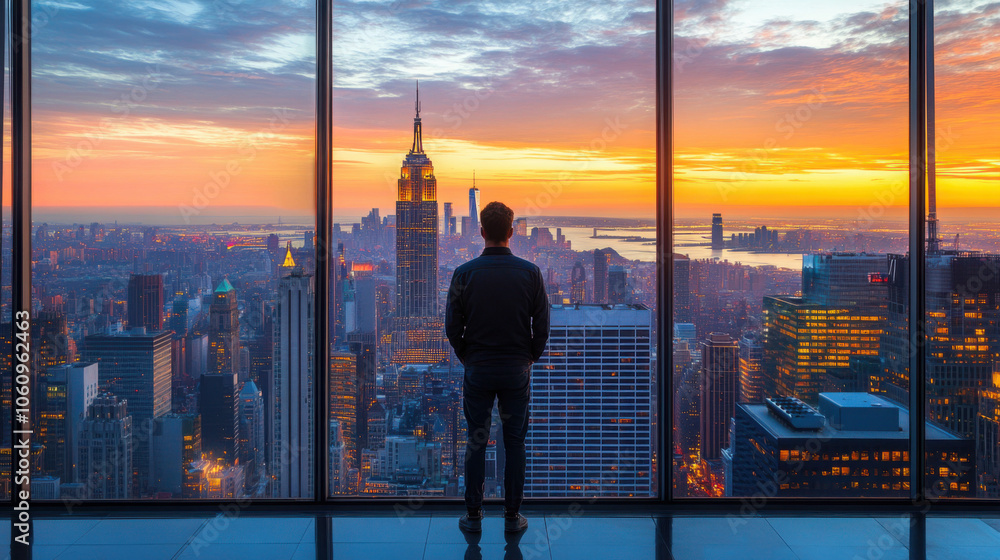 A crazy entrepreneur watching the city from a building's top, main hightlght․ A crazy entrepreneur watching the city from a building's top, main hightlght․