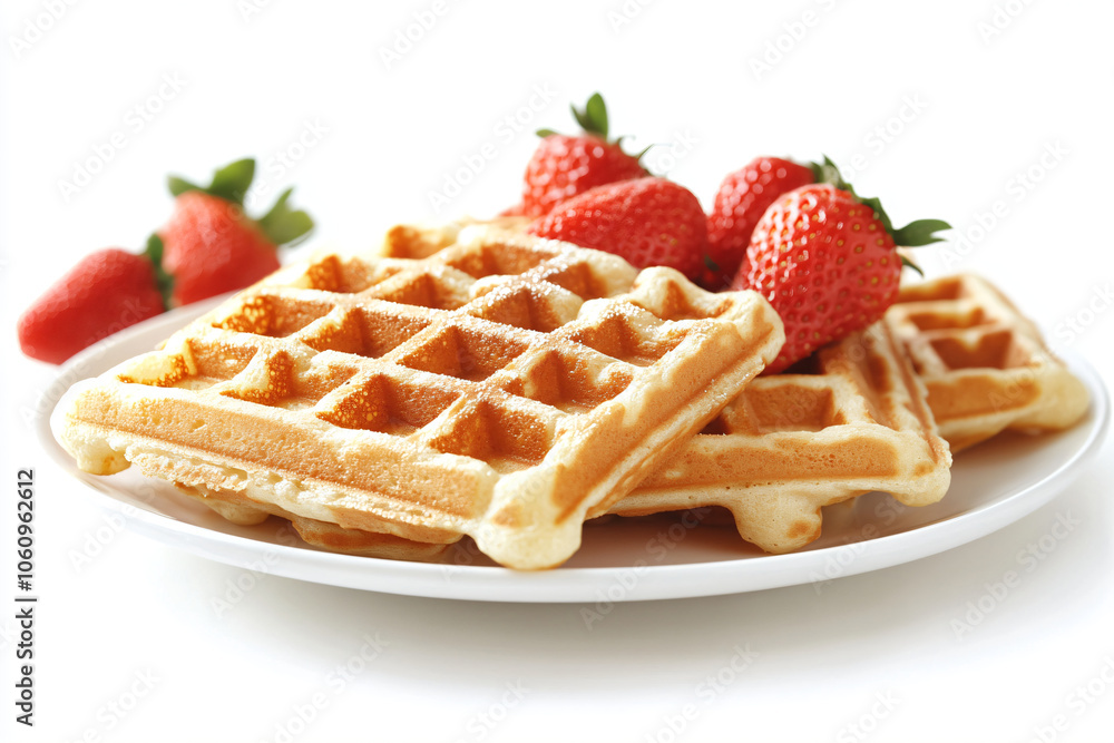 Delicious golden Viennese or Belgian waffles topped with fresh berries and strawberries on plate. Cozy lazy morning homemade recipe baking breakfast. Sweet dessert