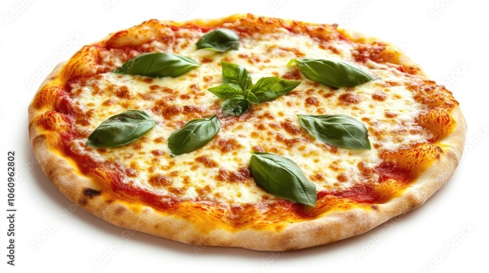 Cheesy Italian pizza with bubbling mozzarella and fresh basil leaves, isolated on a clean white background. Cheesy Italian pizza with bubbling mozzarella and fresh basil leaves, isolated on a clean white background.