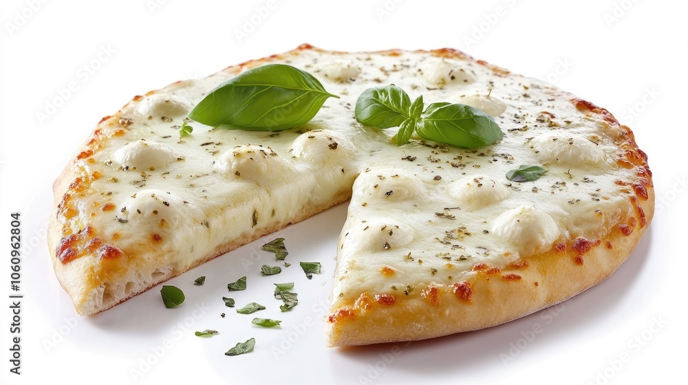 Cheesy Italian pizza with bubbling mozzarella and fresh basil leaves, isolated on a clean white background. Cheesy Italian pizza with bubbling mozzarella and fresh basil leaves, isolated on a clean white background.