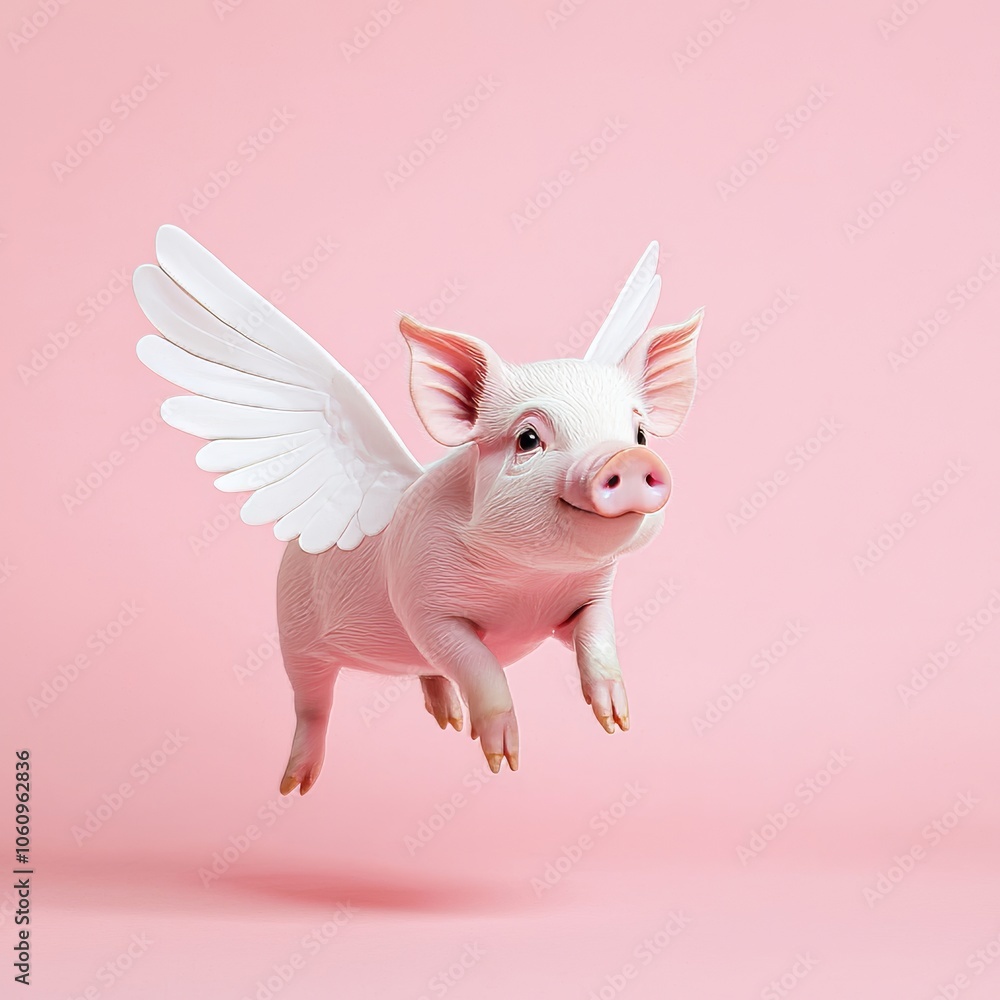 A Piglet with Wings Soaring Against a Pink Background A Piglet with Wings Soaring Against a Pink Background