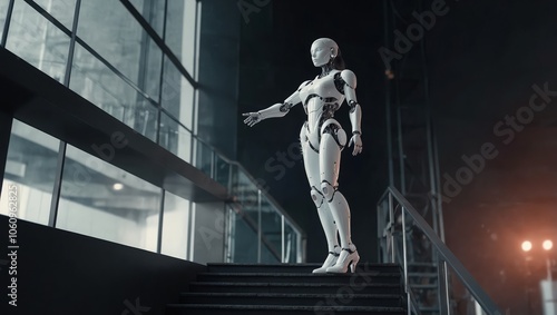 Woman robot with AI goes up futuristic stairs in full growth. AI or artificial intelligence learning concept. AI Future technology. Computer neural network training in image of female robot