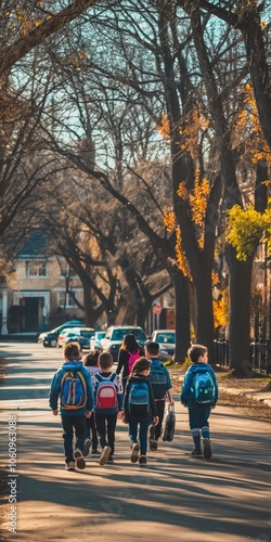 Wallpaper Mural A group of children are walking down a street, some of them carrying backpacks. Scene is lighthearted and playful, as the children are enjoying their walk and each other's company Torontodigital.ca