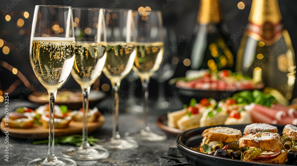 Fototapeta premium Sparkling Wine and Canapes: A table full of sparkling white wine glasses, canapes, and antipasti, perfect for a festive or celebratory event.