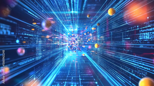 Wallpaper Mural Big data visualization showcasing information analytics with abstract streams of information, ball arrays, and binary code, Filtering machine algorithms and data sorting in technology background Torontodigital.ca