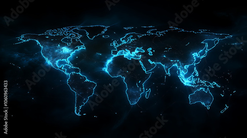 Abstract global network concept with a blue glowing world map, data transfer and cyber technology background digital connections across the globe in abstract form