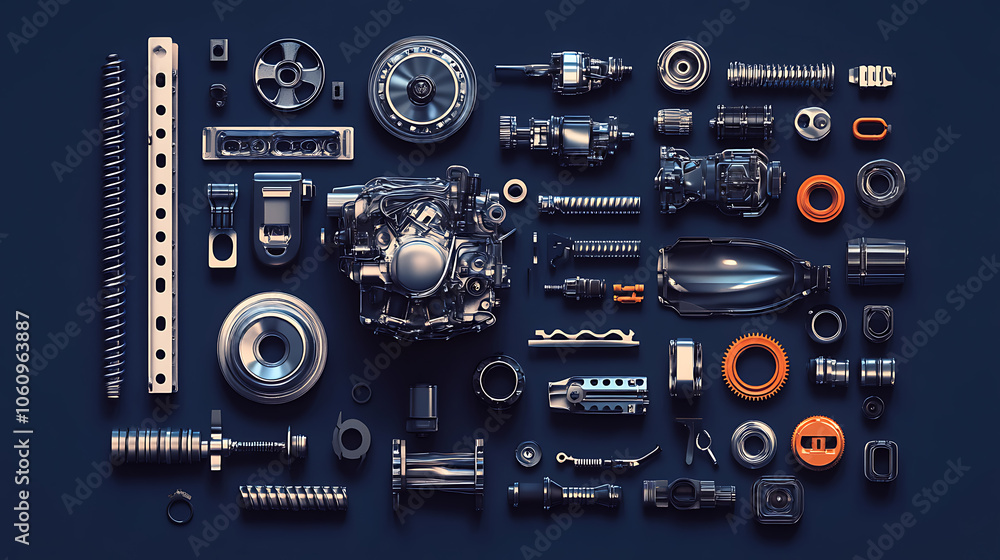 Car Parts Technical Drawing, automobile car machine engine 3D vector, car service elements isolated on dark blue background Car Parts Technical Drawing, automobile car machine engine 3D vector, car service elements isolated on dark blue background