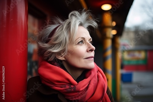 Portrait of a beautiful mature woman in a red coat on the street