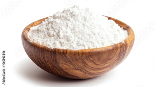 Close-up of white flour in a rustic wooden bowl, set against a plain white background.