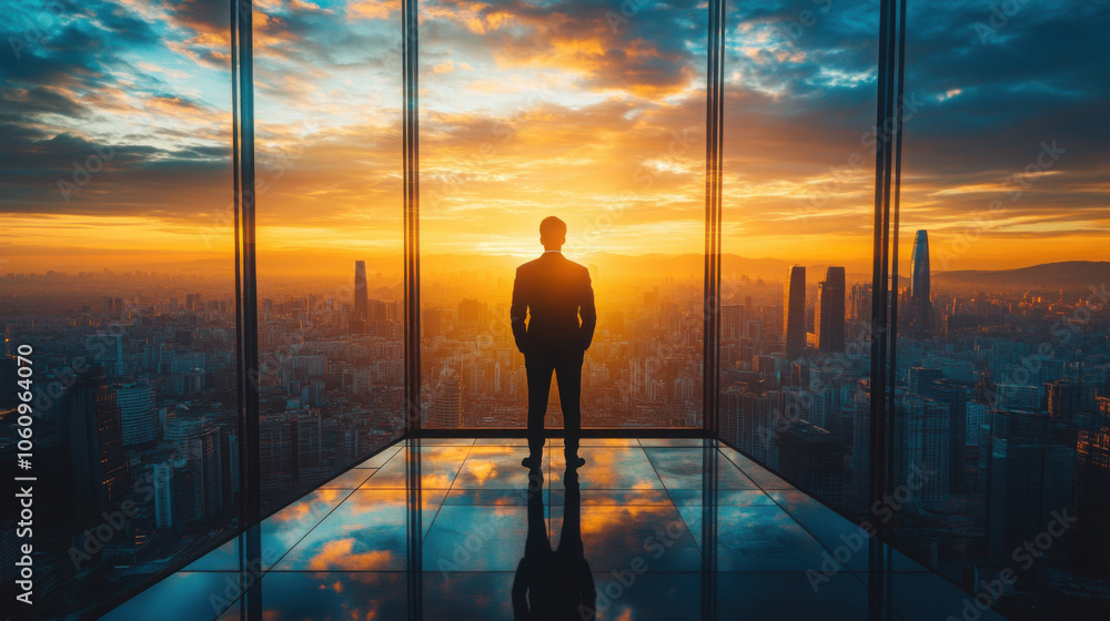 A crazy entrepreneur watching the city from a building's top, main hightlght․ A crazy entrepreneur watching the city from a building's top, main hightlght․