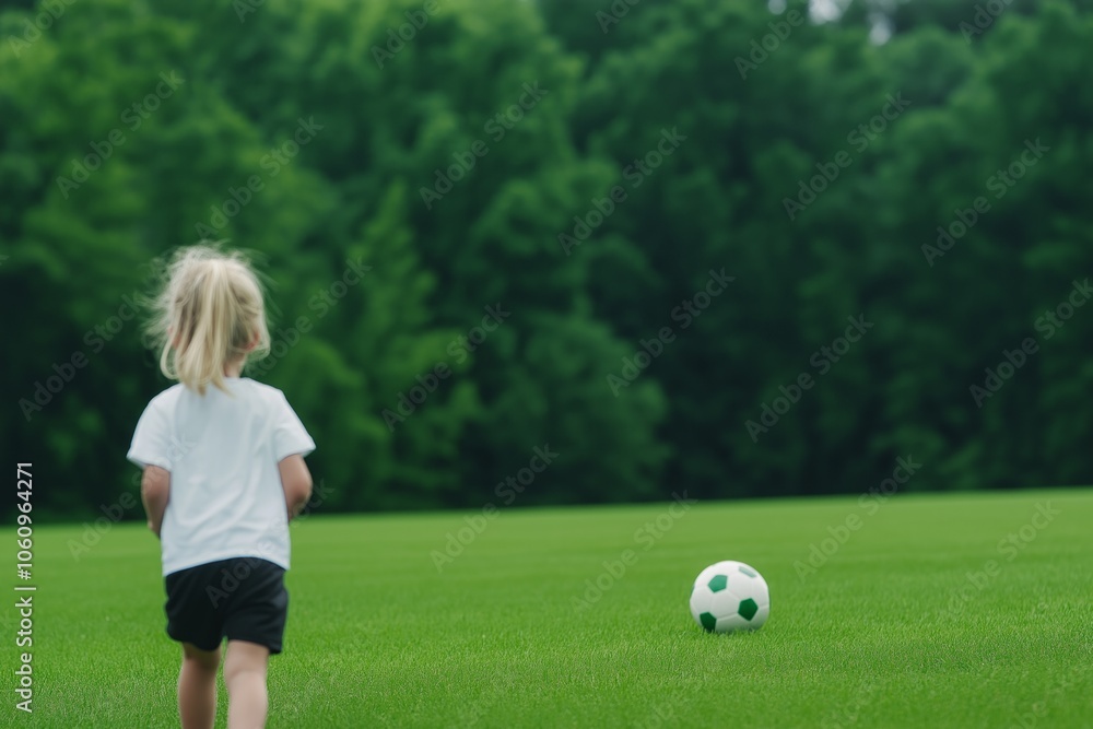 A determined young girl kicks a soccer ball on a green field surrounded by blurred trees A determined young girl kicks a soccer ball on a green field surrounded by blurred trees