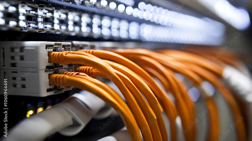 Close, up of network cables with a fiber optical background, highlighting the critical infrastructure of data centers Close, up of network cables with a fiber optical background, highlighting the critical infrastructure of data centers