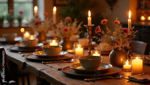 Festive candlelit table setting with rustic fall colors in a warm golden light