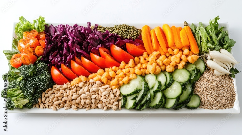 Fresh vegan platter featuring colorful vegetables, seeds, and grains arranged on a white background. - Fresh vegan platter featuring colorful vegetables, seeds, and grains arranged on a white background. -