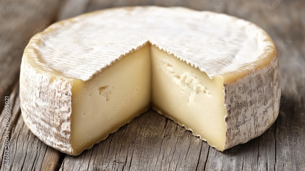 Half a wheel of soft white cheese on a wooden table Half a wheel of soft white cheese on a wooden table