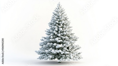 Frozen Christmas tree with delicate frost on branches, set against a clean white background.