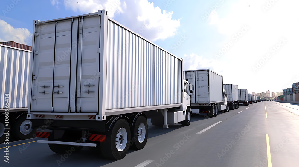 Convoy of white trucks with containers on the highway, cargo transportation concept in spring, shipping service