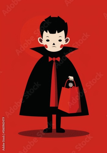 A young boy dressed as a vampire is holding a red bag. The image has a creepy and eerie mood, with the boy's costume and the red background