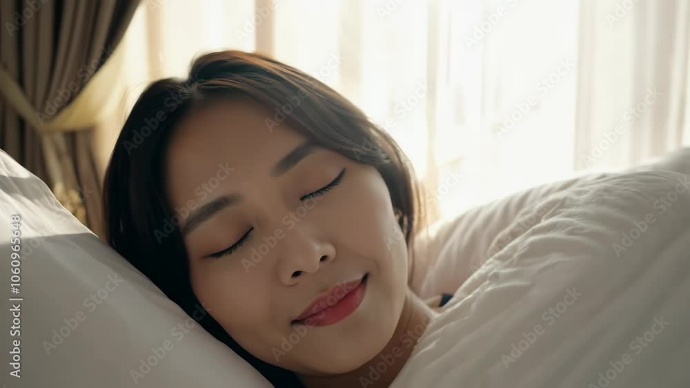 A serene woman peacefully sleeping on a white pillow with soft morning light streaming through the window, evoking calm and rest. A serene woman peacefully sleeping on a white pillow with soft morning light streaming through the window, evoking calm and rest.
