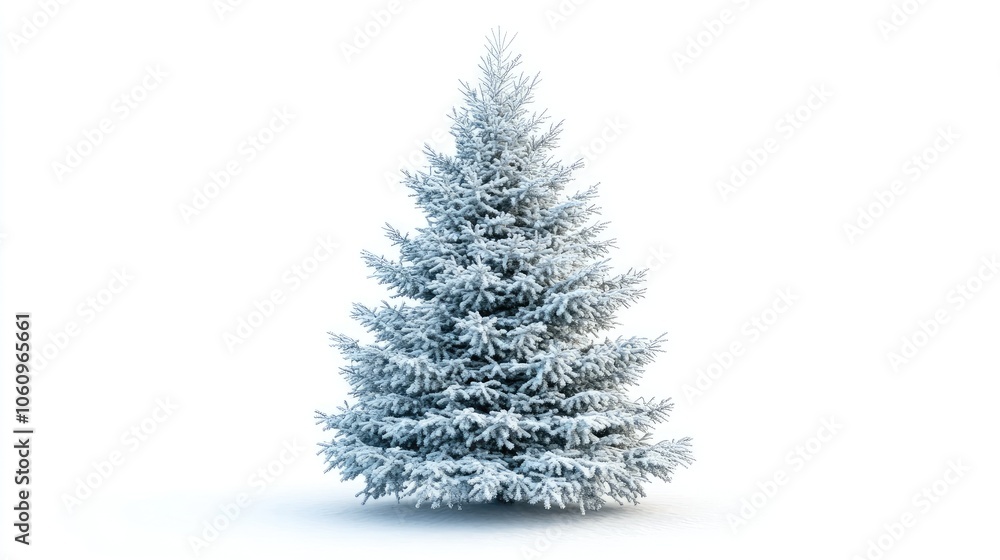 Fototapeta premium Icy Christmas tree with frost-covered branches on a white background, perfect for winter holiday themes.