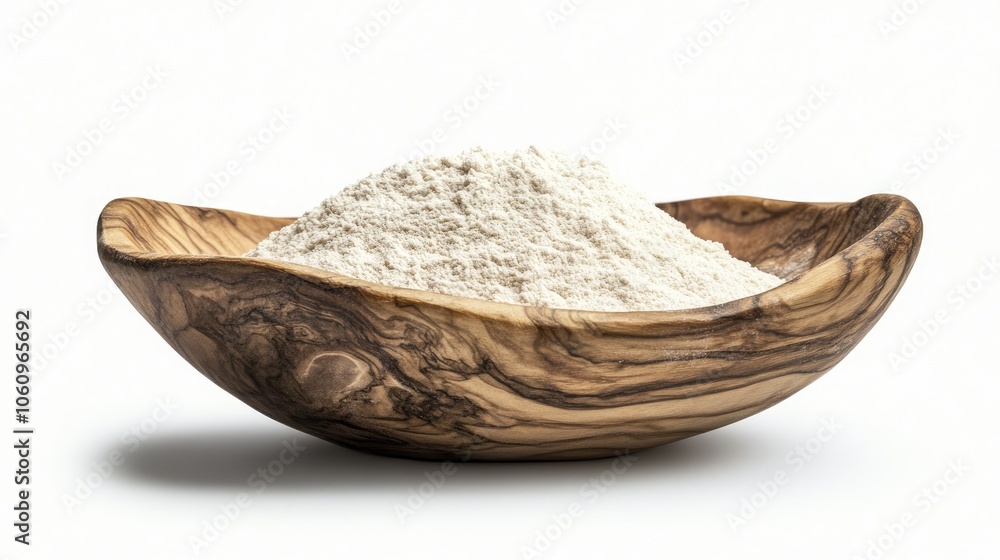 Fototapeta premium Heap of flour in a rustic wooden bowl, isolated on white, capturing the essence of natural ingredients.